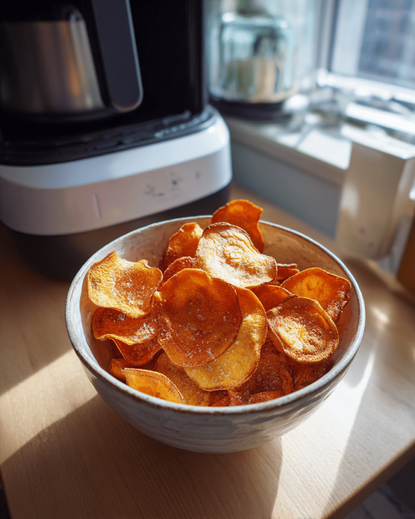 Shows the chips outside the air fryer drawer, immediately signaling "Air Fryer Recipe" to the reader.