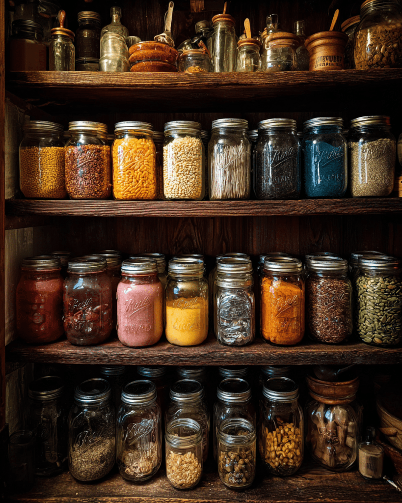 Mason jars and Mylar bags for storing dehydrated fruit in a pantry.