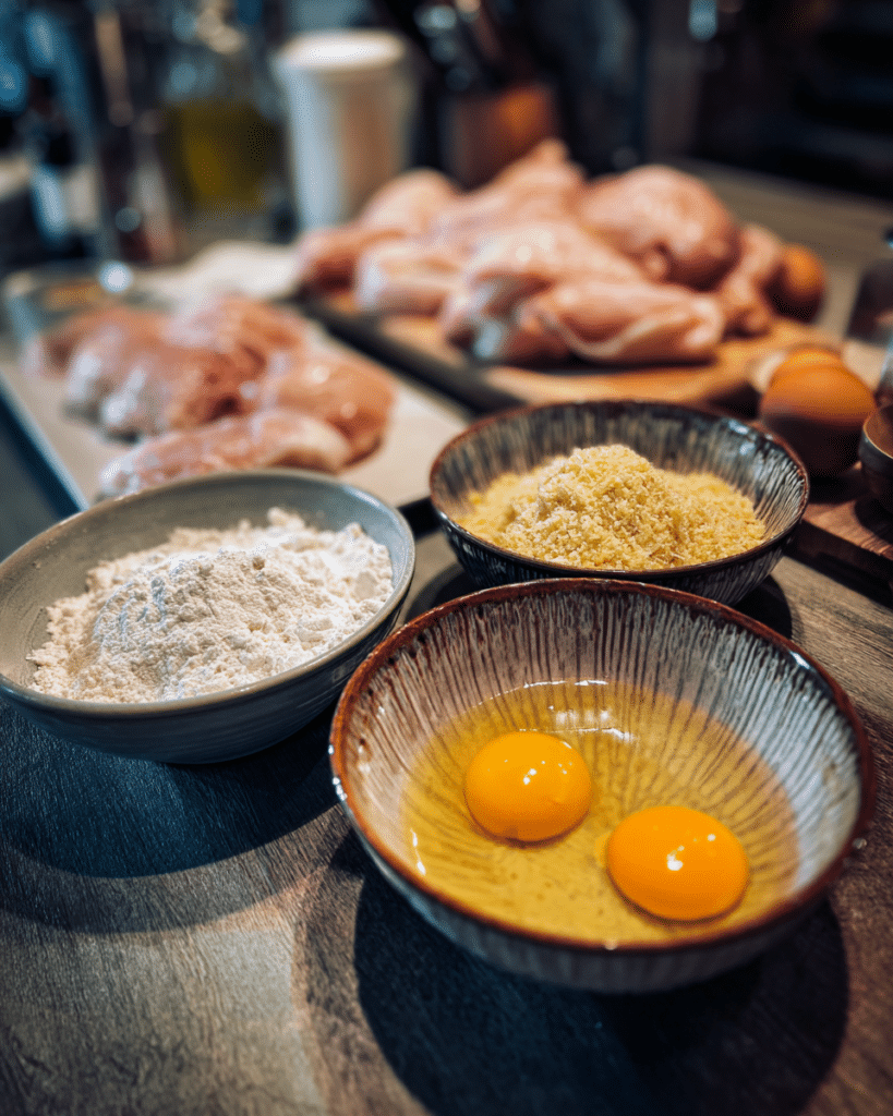Breading station with flour, eggs, and panko crumbs for oven fried chicken.