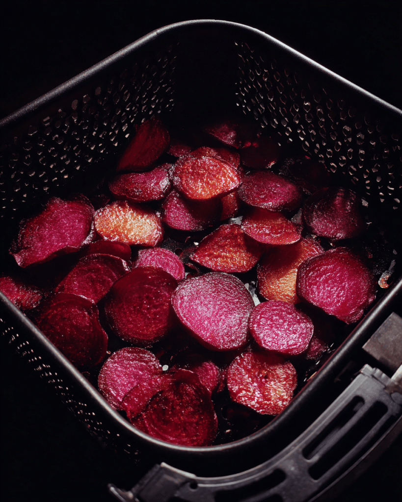 Raw beet slices arranged in a single layer in air fryer basket