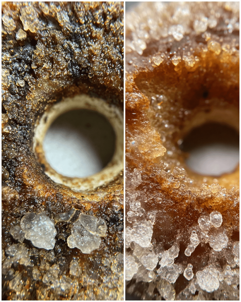 Visual comparison of mold versus sugar bloom on dried fruit.