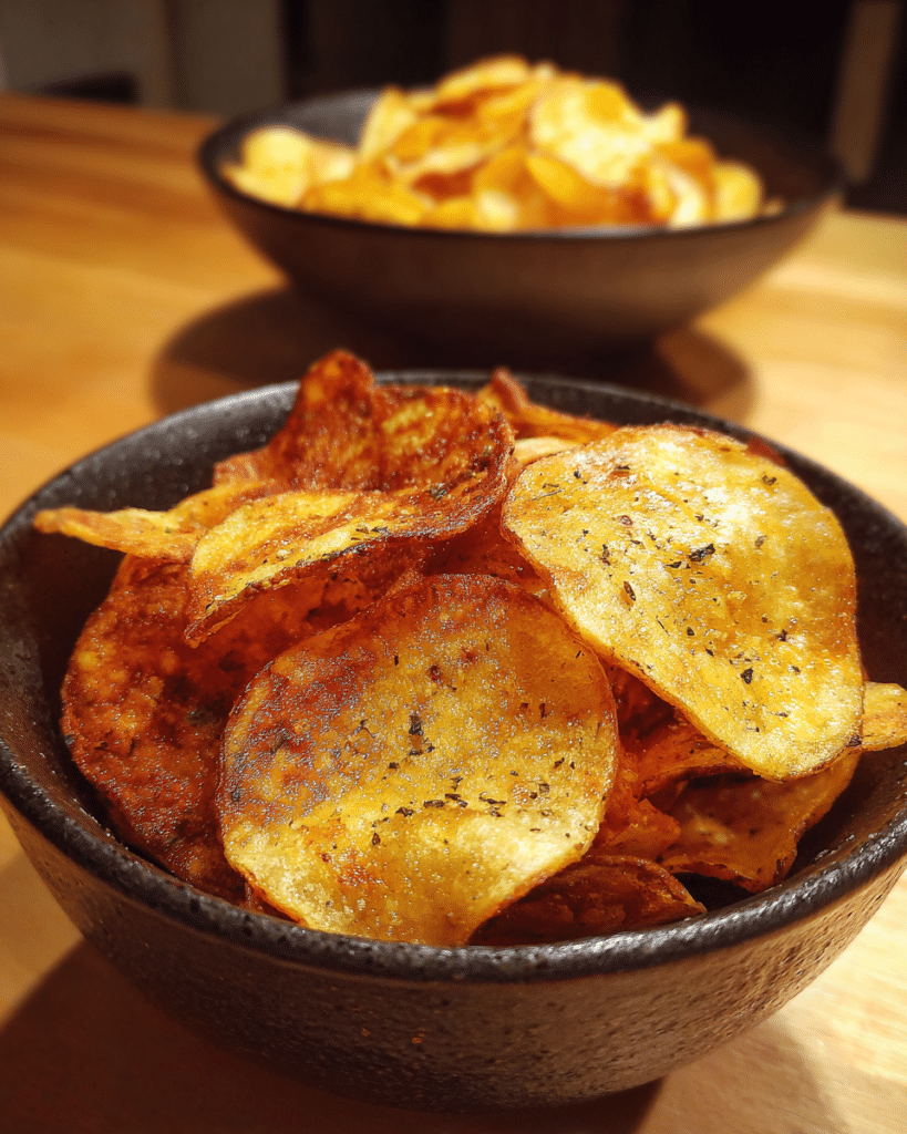 Bowl of homemade potato chips with sea salt on a kitchen table. mandoline settings for air fryer chips.