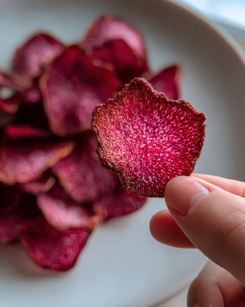 Hand holding a single crispy beet chip showing texture