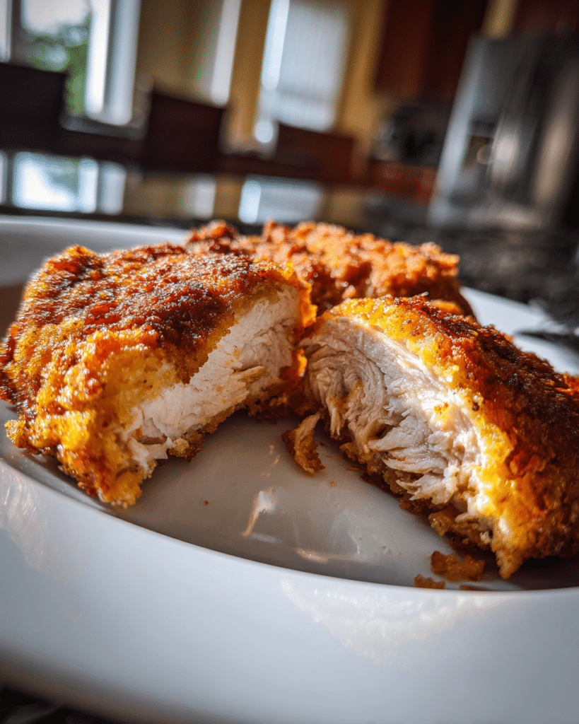 Juicy oven fried chicken sliced open showing the breading still attached.