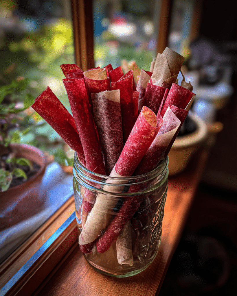 Rolled fruit leather stored in a glass jar
