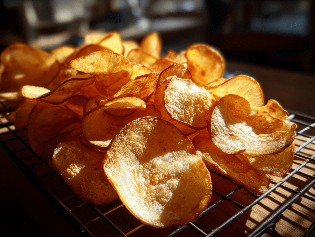 Golden potato chips cooking in an air fryer basket