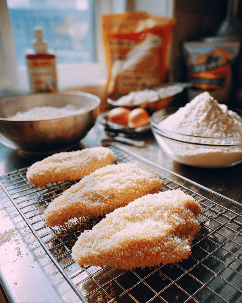 Raw panko coated chicken resting on a wire rack to explain Why Breading Falls Off Chicken